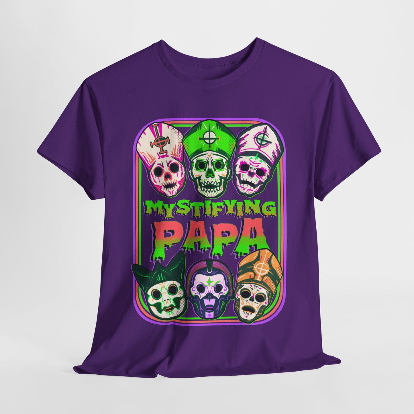 Mystifying Metal Retro Halloween Masks Unisex Heavy Cotton Tee
