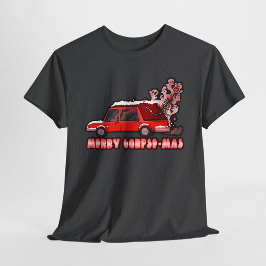Little Red Hearse Hauling A Christmas Tree Unisex Heavy Cotton Tee