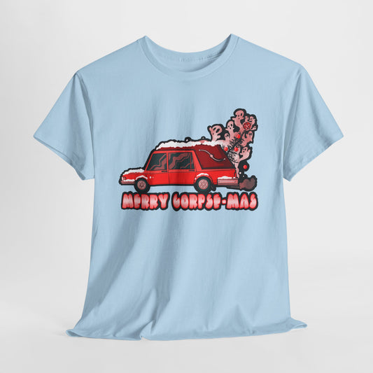 Little Red Hearse Hauling A Christmas Tree Unisex Heavy Cotton Tee