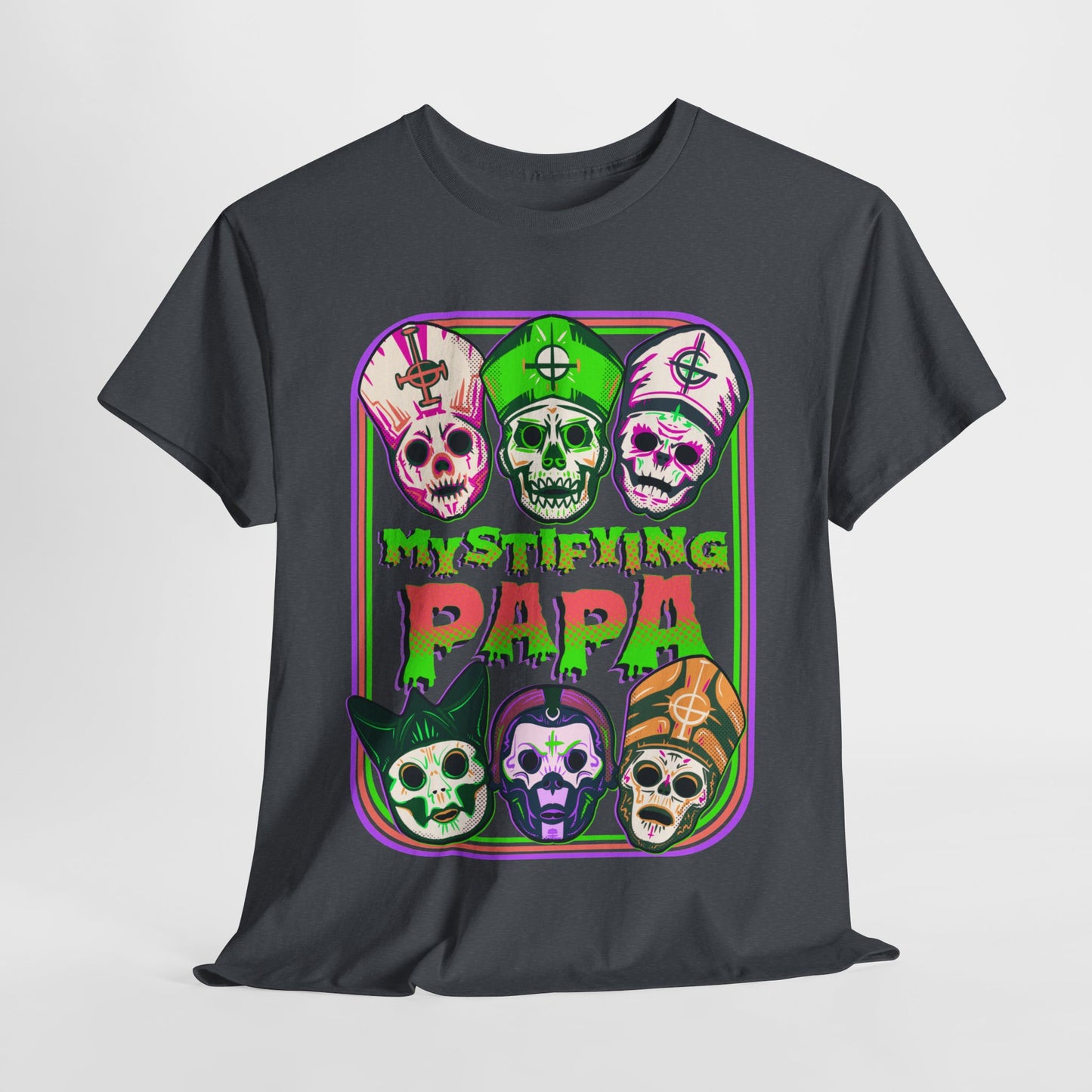 Mystifying Metal Retro Halloween Masks Unisex Heavy Cotton Tee