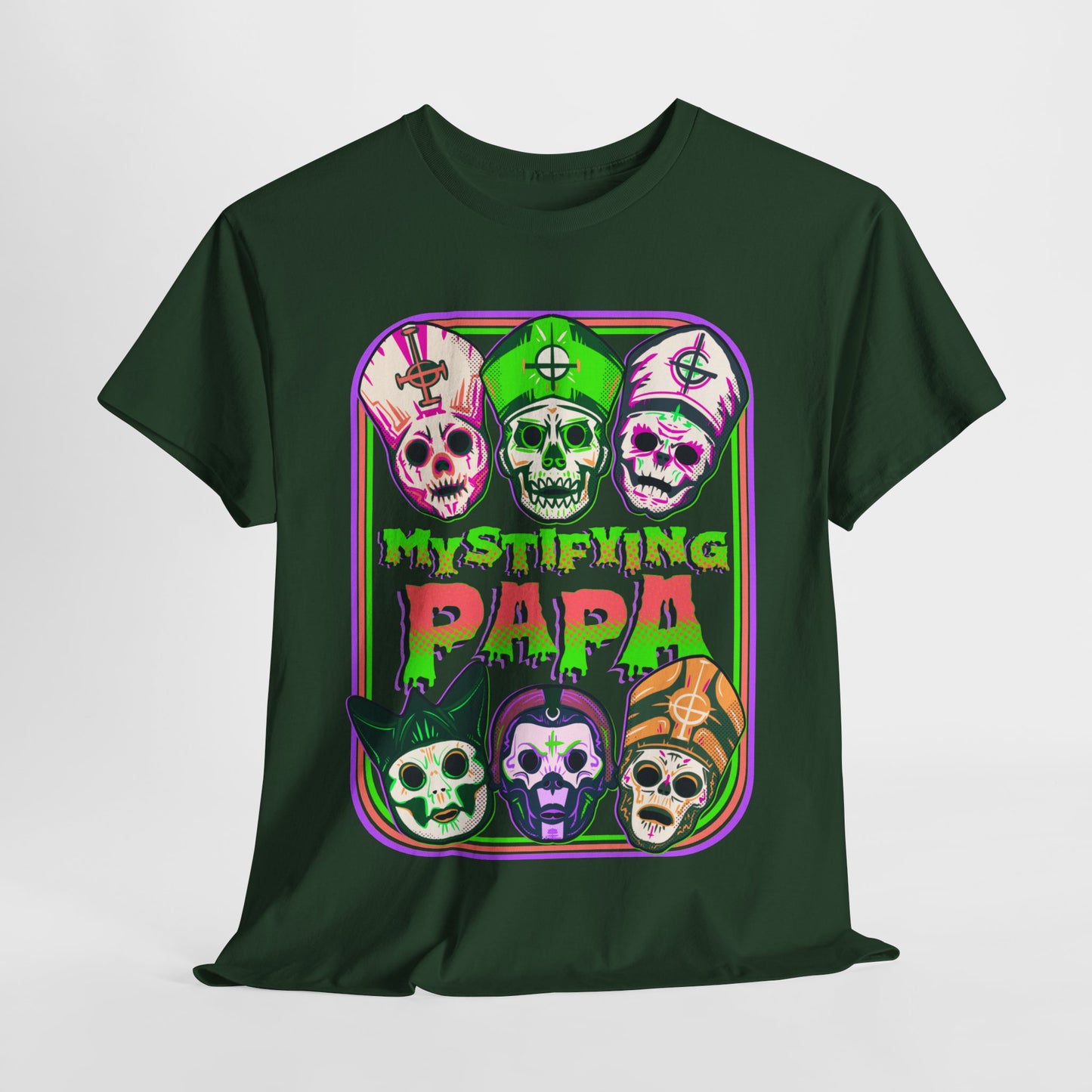 Mystifying Metal Retro Halloween Masks Unisex Heavy Cotton Tee