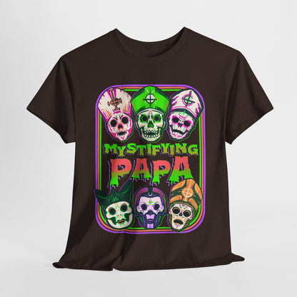 Mystifying Metal Retro Halloween Masks Unisex Heavy Cotton Tee