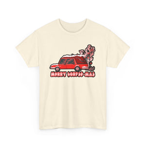 Little Red Hearse Hauling A Christmas Tree Unisex Heavy Cotton Tee